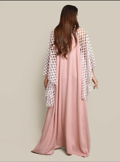 Pink kaftan dress with sequence embroidered tulle sleeves