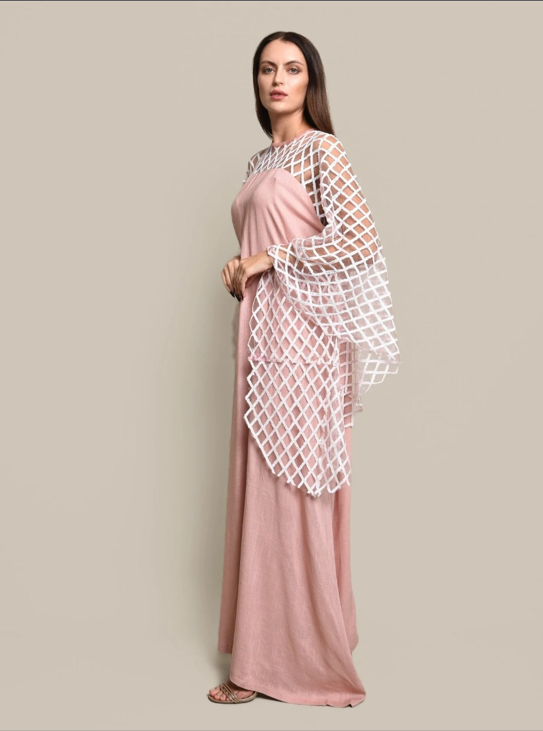 Pink kaftan dress with sequence embroidered tulle sleeves