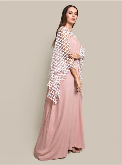 Pink kaftan dress with sequence embroidered tulle sleeves