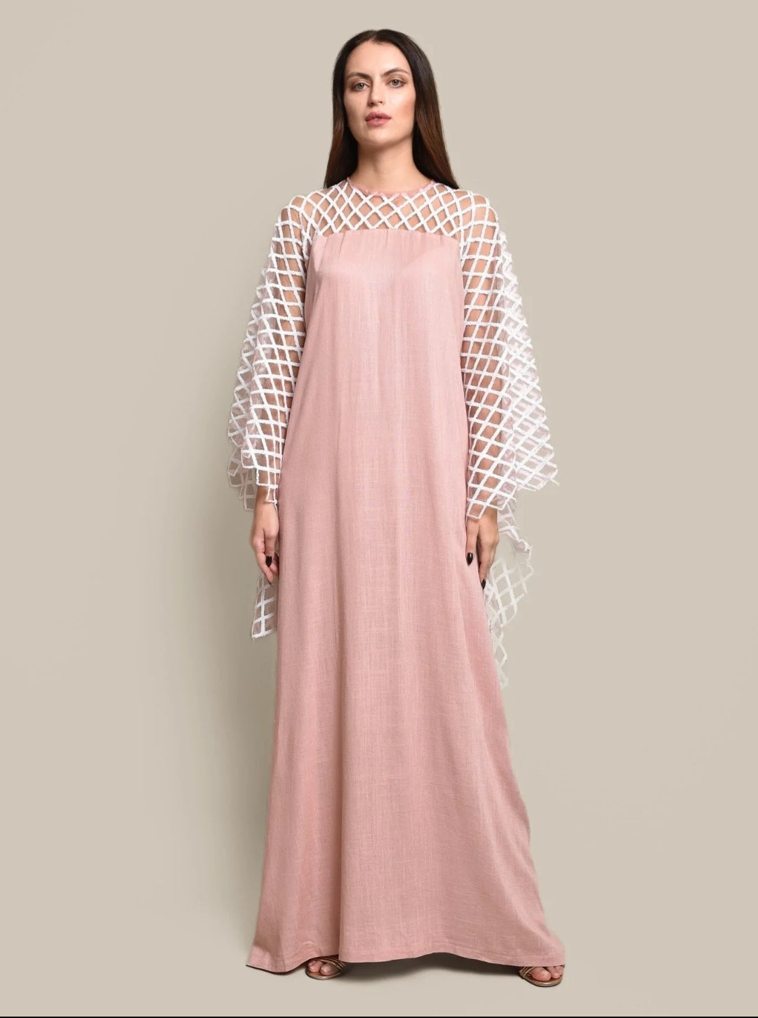 Pink kaftan dress with sequence embroidered tulle sleeves