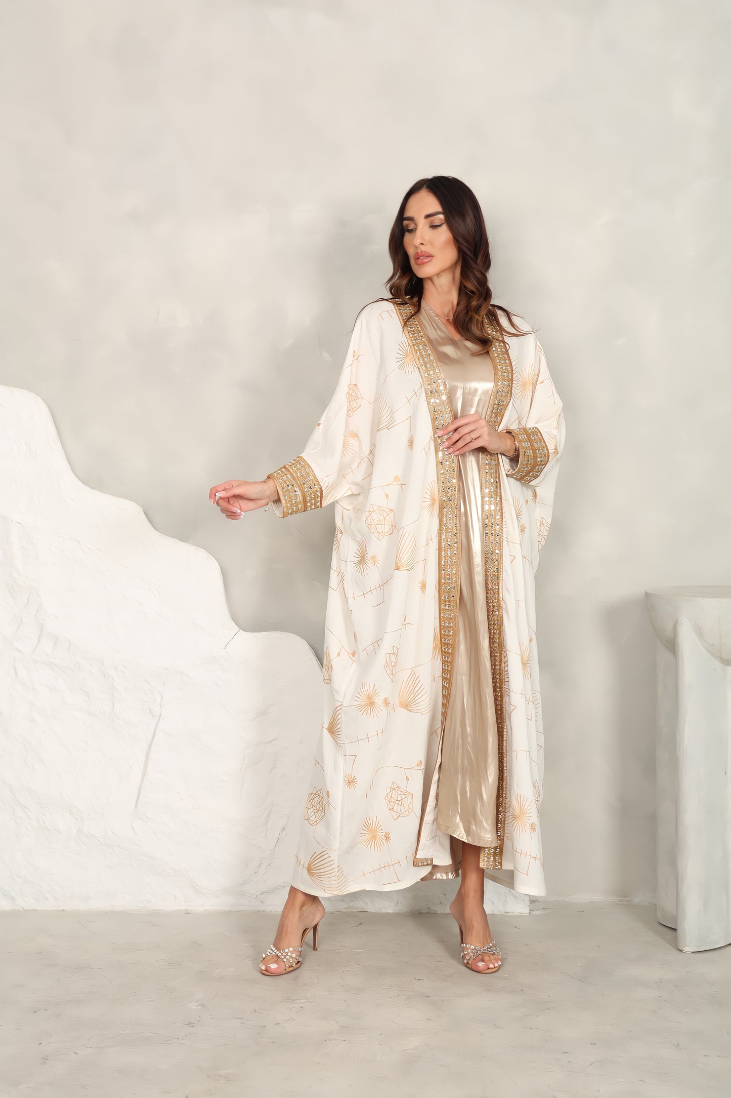 Off white cotton embroidered Abaya with mirror lace