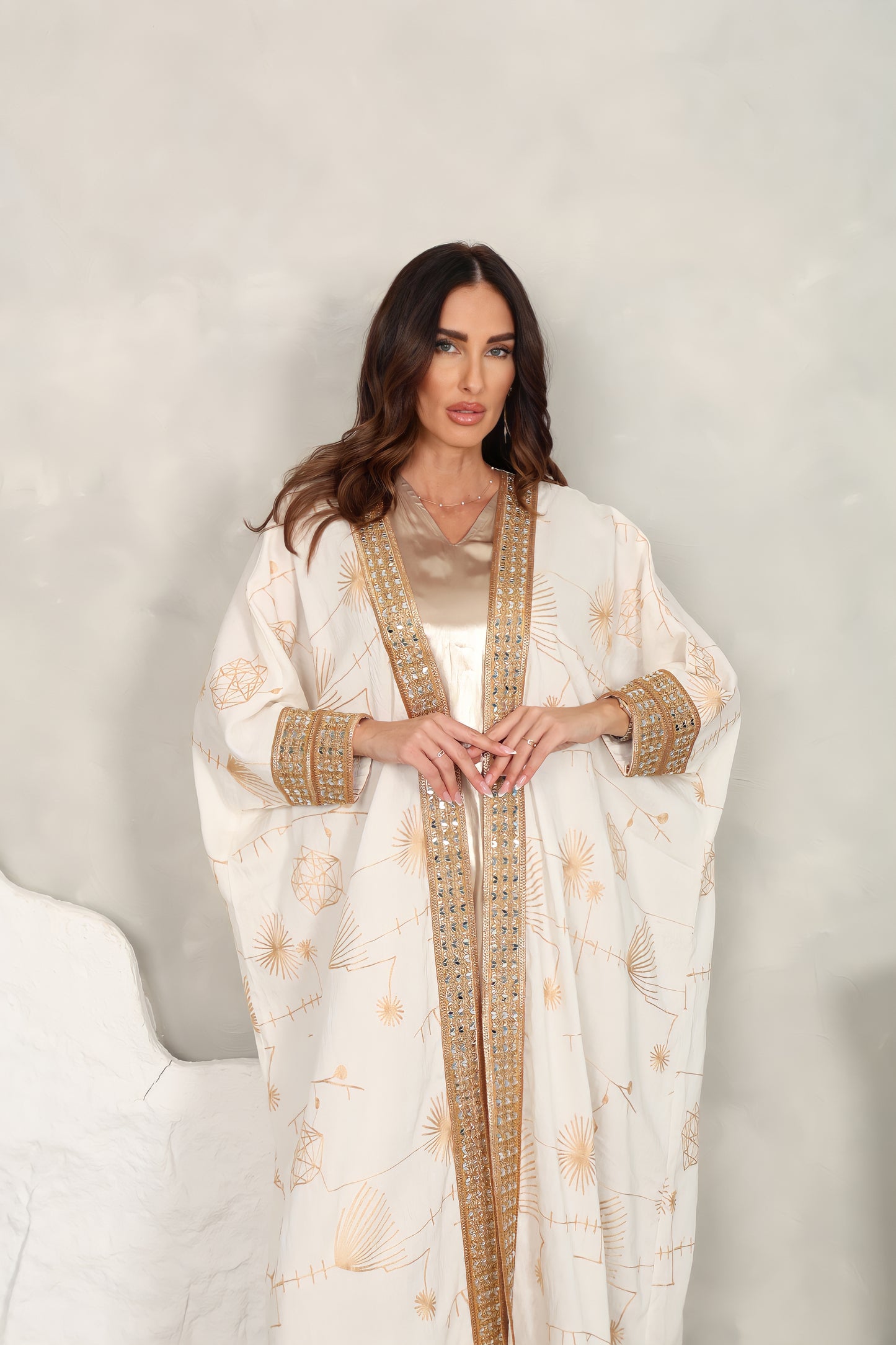 Off white cotton embroidered Abaya with mirror lace