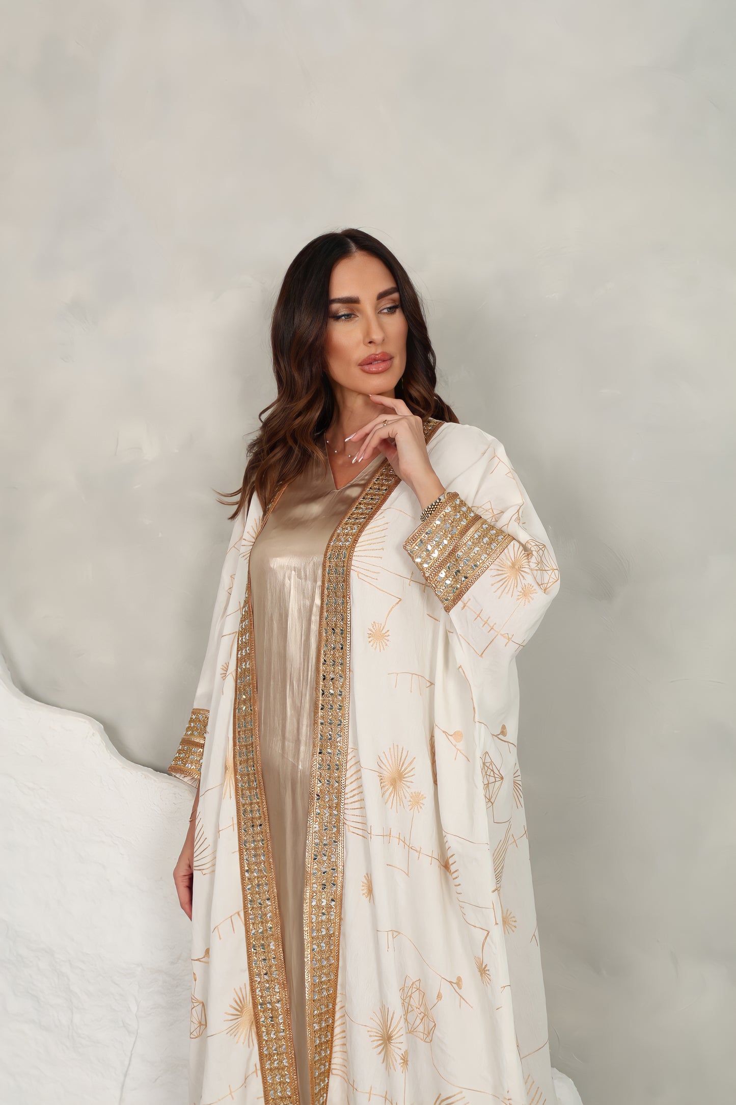 Off white cotton embroidered Abaya with mirror lace