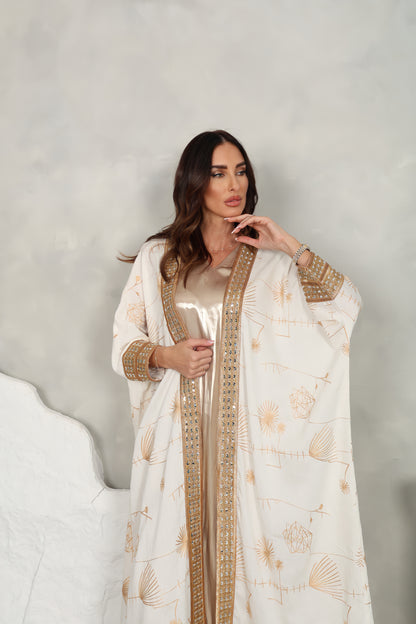 Off white cotton embroidered Abaya with mirror lace