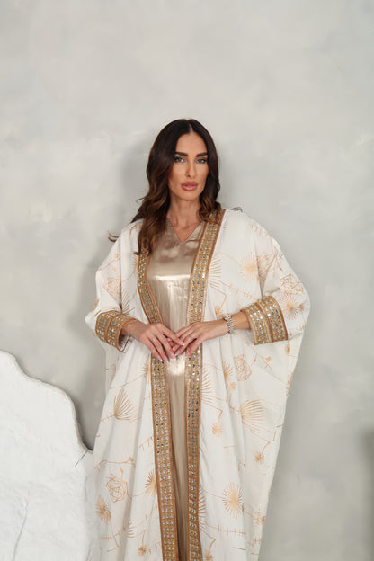 Off white cotton embroidered Abaya with mirror lace