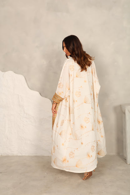 Off white cotton embroidered Abaya with mirror lace