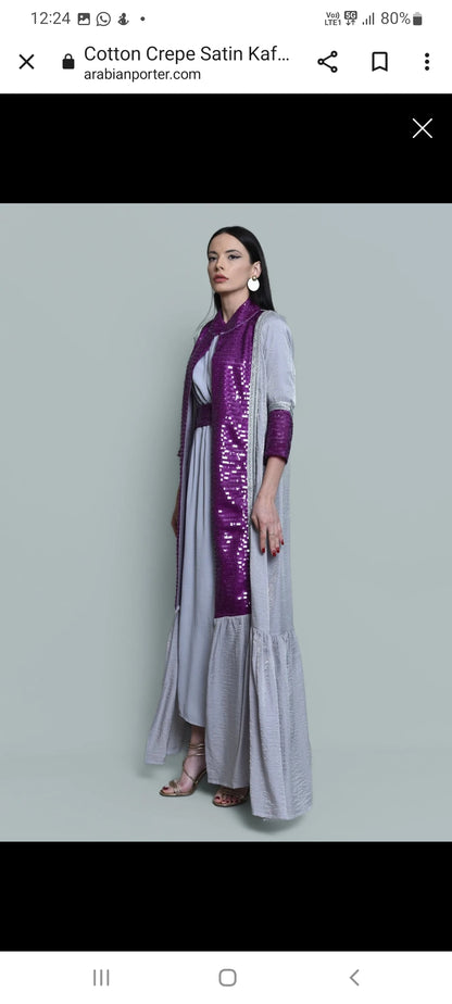 Grey kaftan with purple sequence embroidery