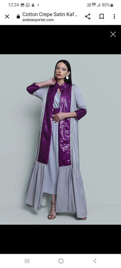 Grey kaftan with purple sequence embroidery