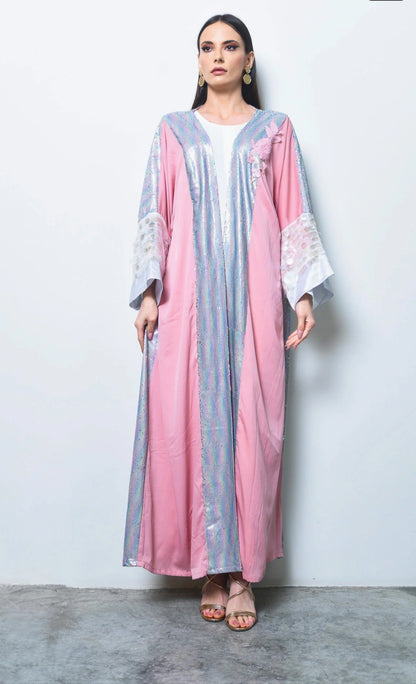 Pink Crepe and multicolor sequence abaya