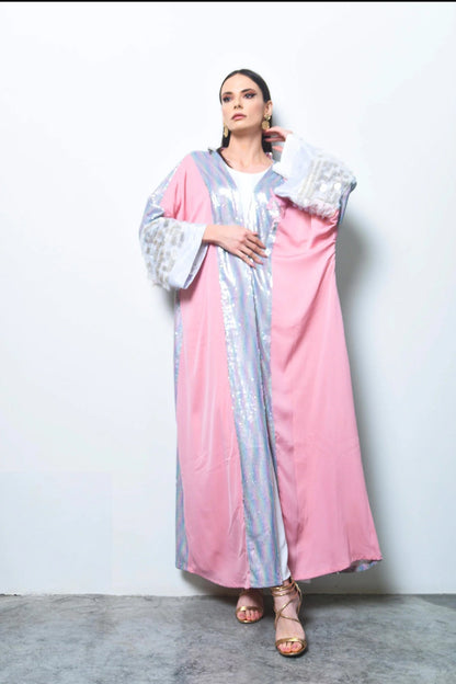 Pink Crepe and multicolor sequence abaya