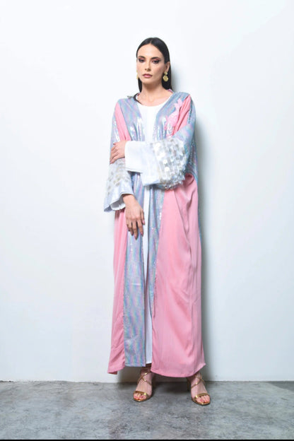 Pink Crepe and multicolor sequence abaya