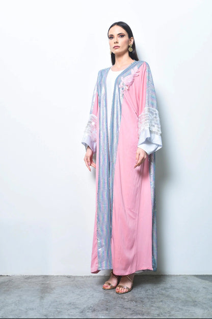 Pink Crepe and multicolor sequence abaya