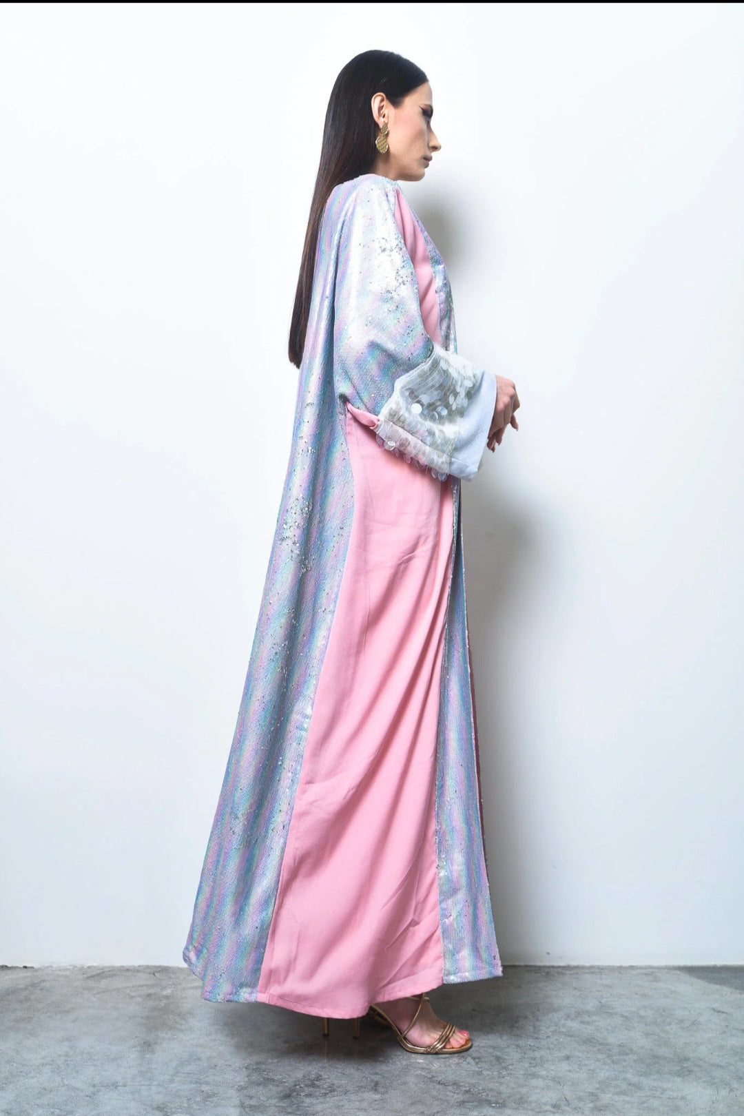 Pink Crepe and multicolor sequence abaya