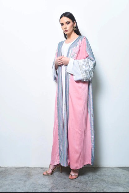 Pink Crepe and multicolor sequence abaya