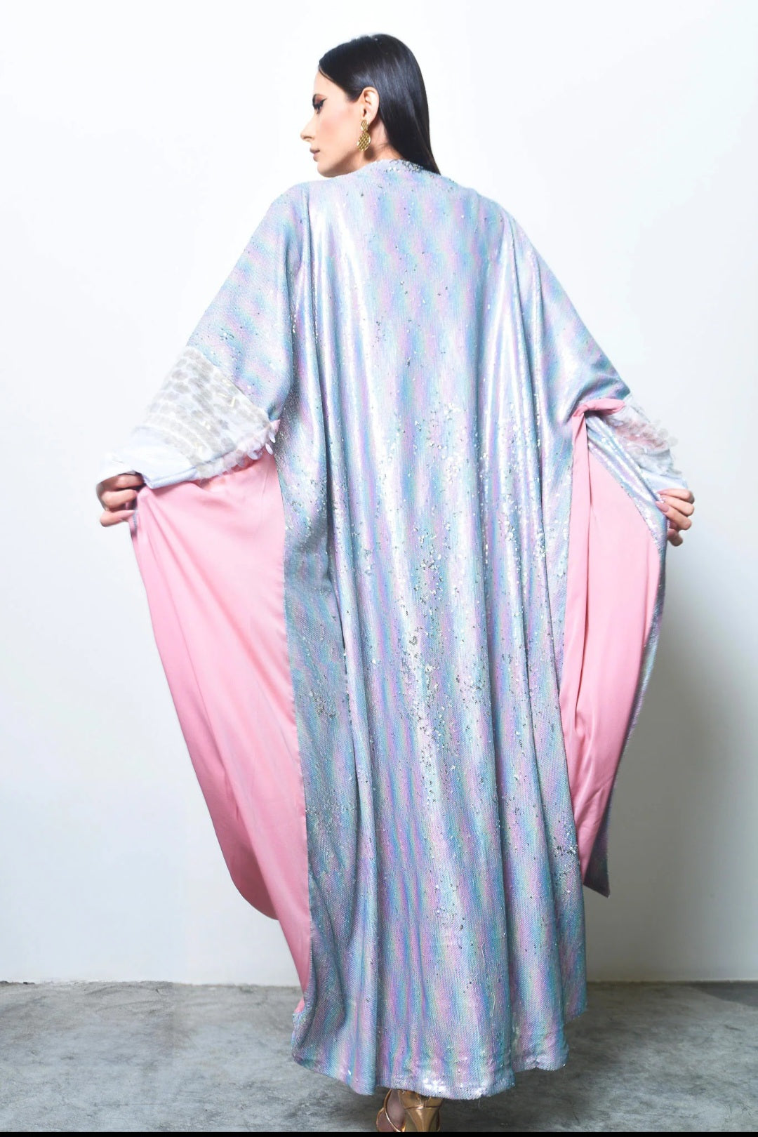 Pink Crepe and multicolor sequence abaya