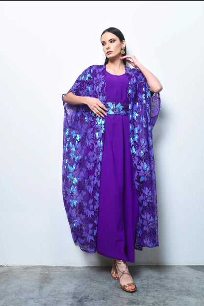 Purple sequence embroidery tulle abaya with dress