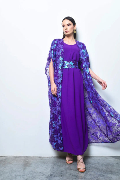 Purple sequence embroidery tulle abaya with dress