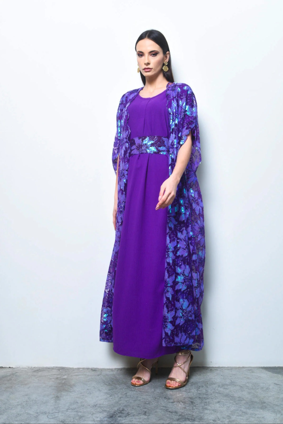 Purple sequence embroidery tulle abaya with dress