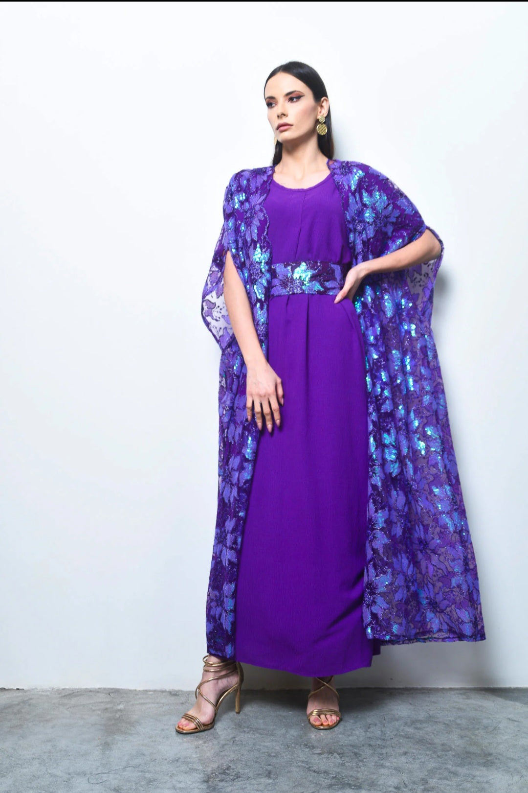 Purple sequence embroidery tulle abaya with dress