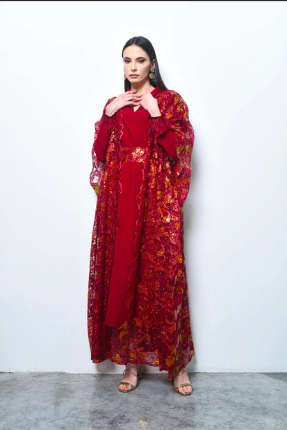 Maroon sequence embroidery tulle abaya with dress