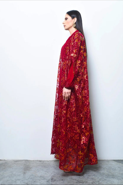 Maroon sequence embroidery tulle abaya with dress