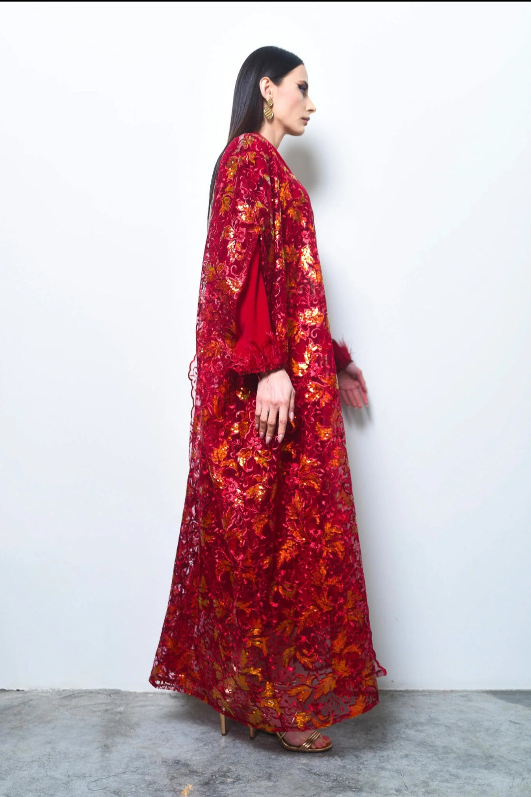 Maroon sequence embroidery tulle abaya with dress