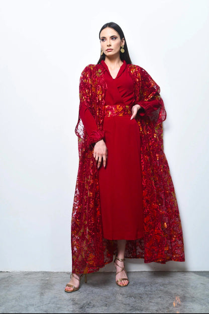 Maroon sequence embroidery tulle abaya with dress