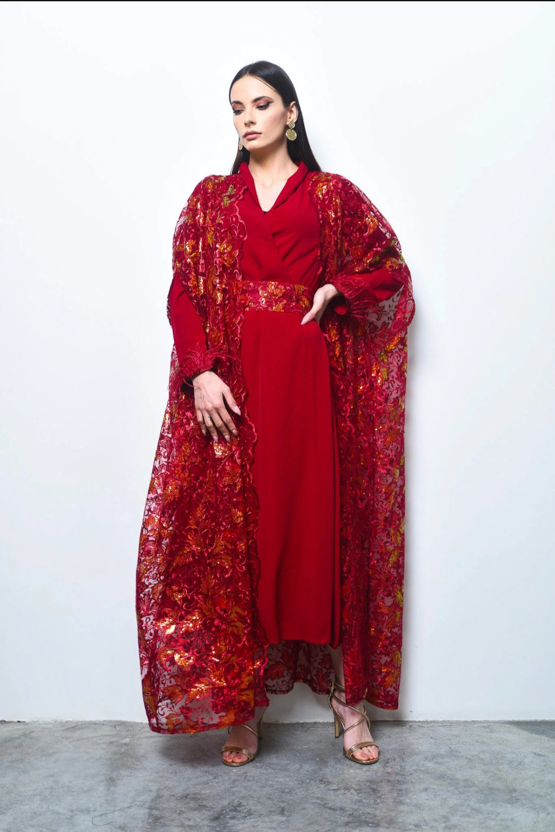 Maroon sequence embroidery tulle abaya with dress