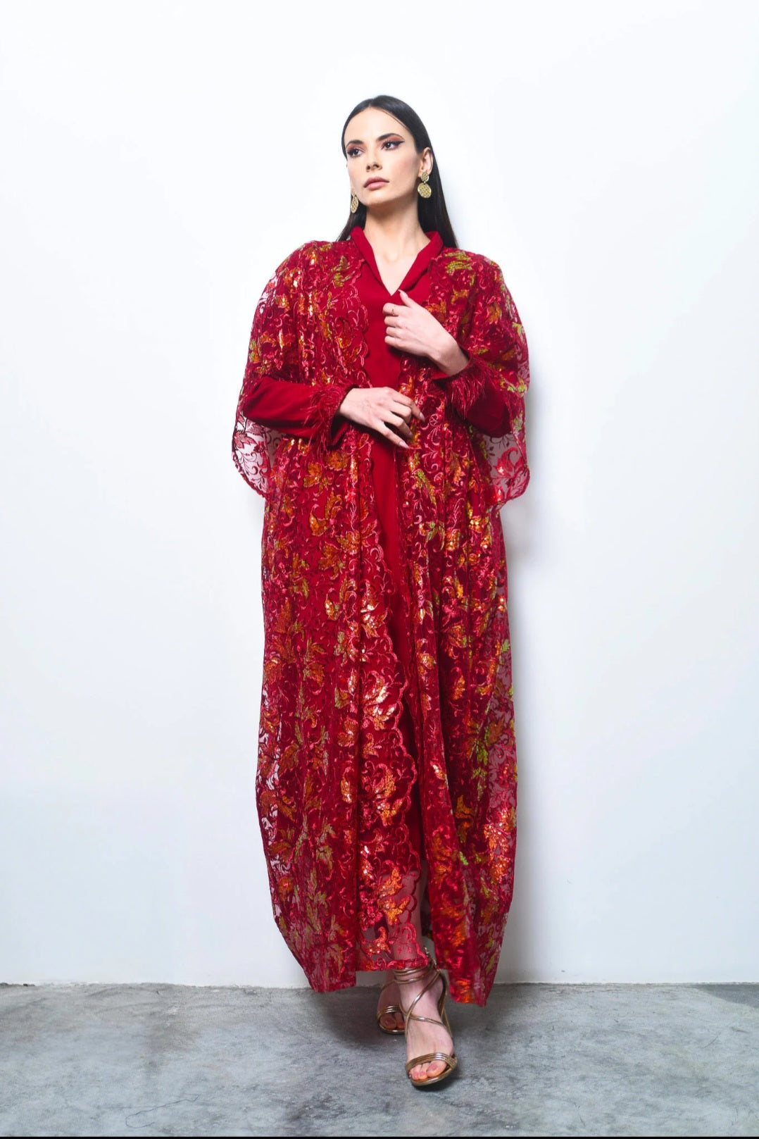 Maroon sequence embroidery tulle abaya with dress