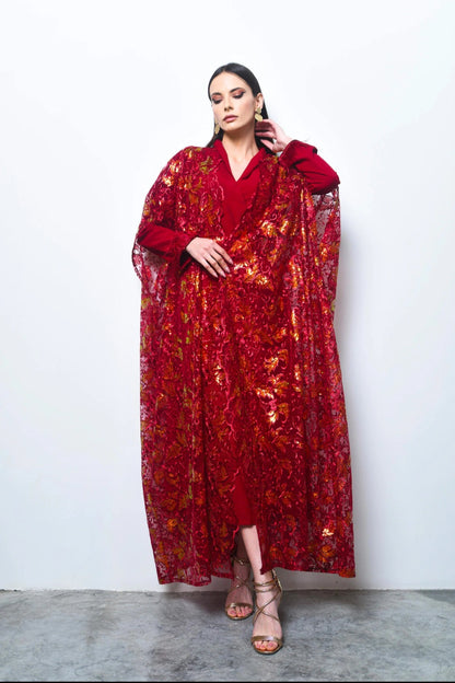 Maroon sequence embroidery tulle abaya with dress