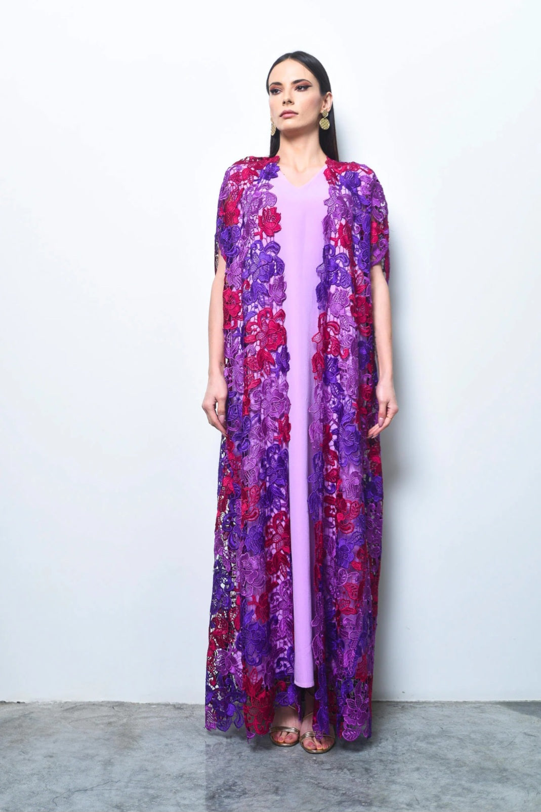 Purple dantel abaya with plain dress