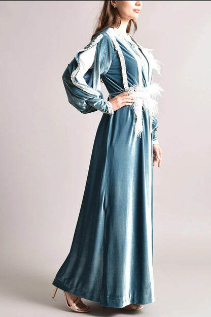 Blue velvet kaftan with white sequence and feather