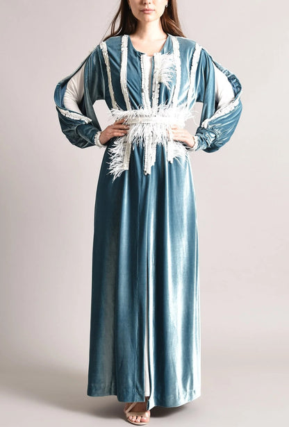 Blue velvet kaftan with white sequence and feather