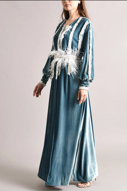 Blue velvet kaftan with white sequence and feather