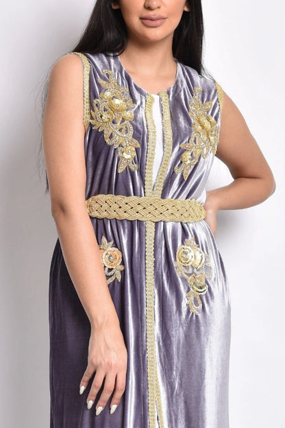 Grey velvet sleeveless kaftan with gold hand made embroidery