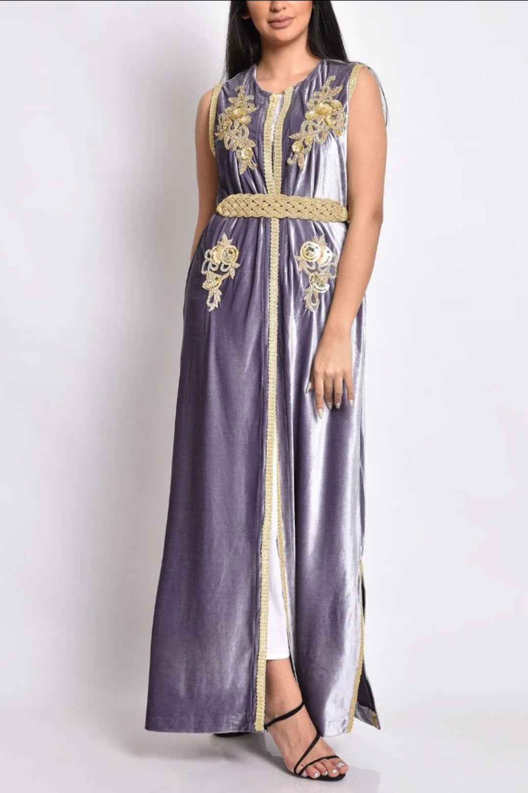 Grey velvet sleeveless kaftan with gold hand made embroidery