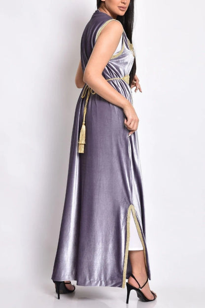 Grey velvet sleeveless kaftan with gold hand made embroidery