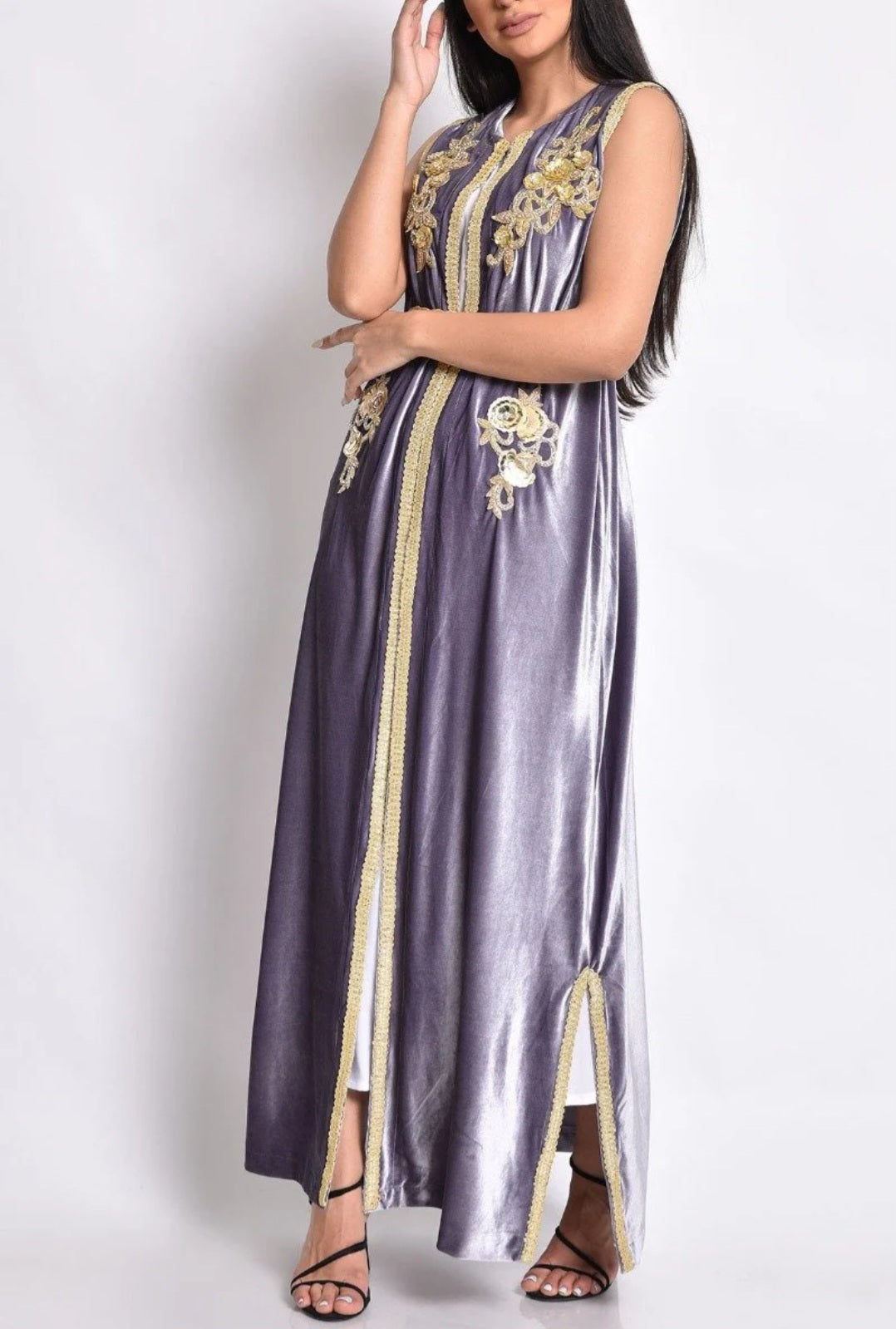 Grey velvet sleeveless kaftan with gold hand made embroidery