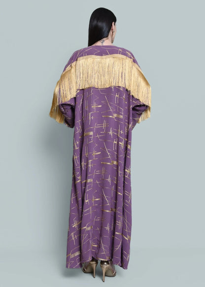 Purple crepe embroidered abaya with tassels