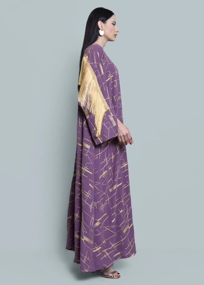 Purple crepe embroidered abaya with tassels