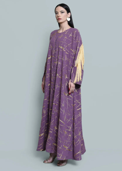 Purple crepe embroidered abaya with tassels