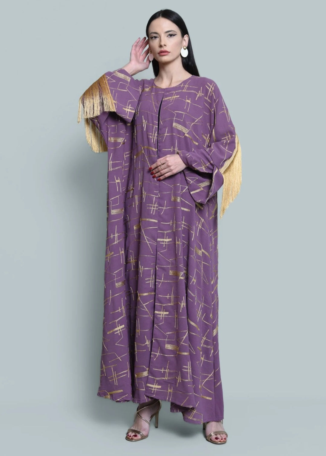 Purple crepe embroidered abaya with tassels