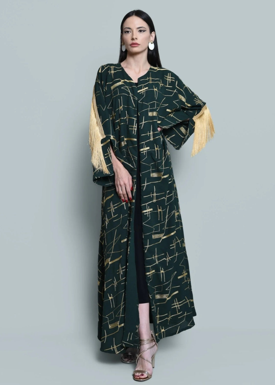 Dark green crepe embroidered abaya with tassels