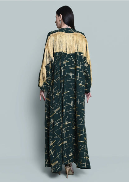 Dark green crepe embroidered abaya with tassels