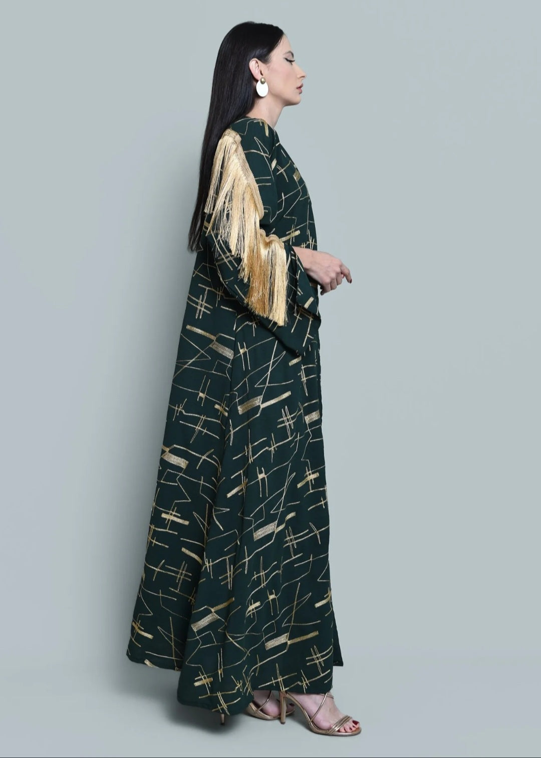 Dark green crepe embroidered abaya with tassels