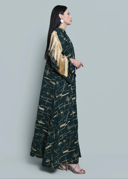 Dark green crepe embroidered abaya with tassels