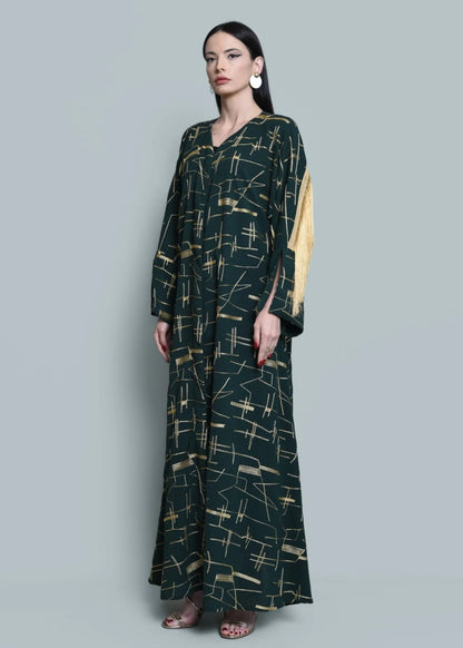 Dark green crepe embroidered abaya with tassels