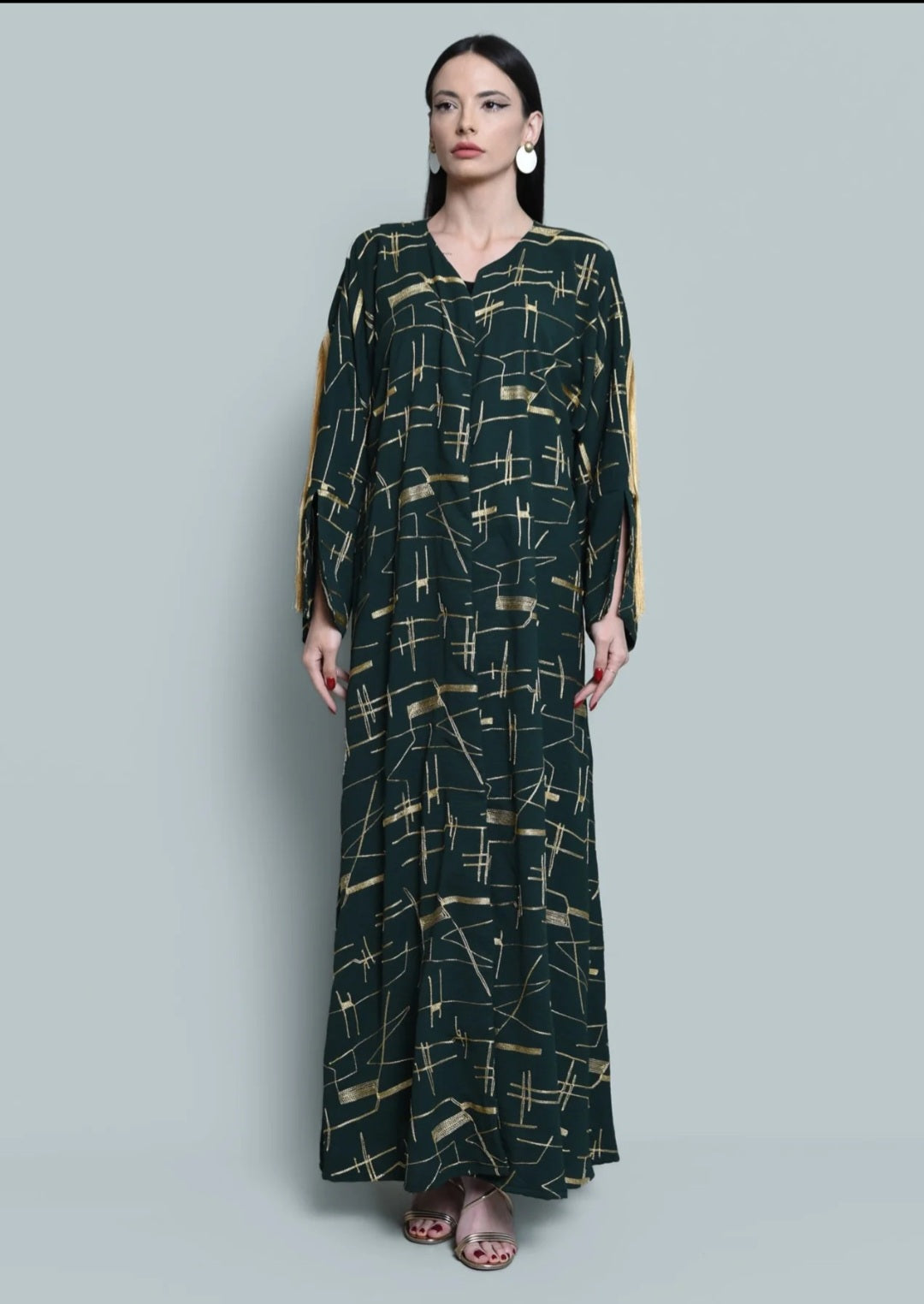 Dark green crepe embroidered abaya with tassels