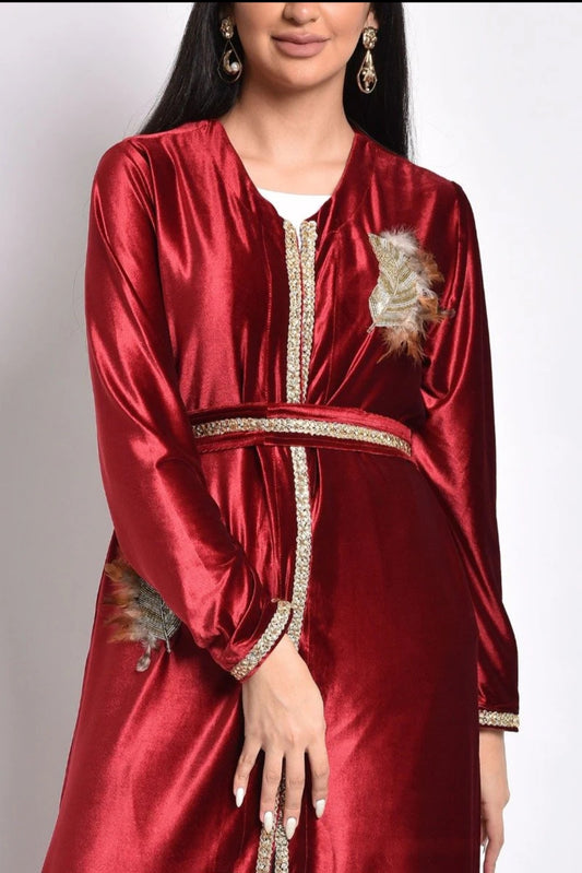 Maroon velvet kaftan with handmade beads,feather embroidery