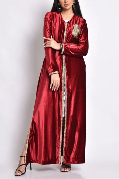 Maroon velvet kaftan with handmade beads,feather embroidery